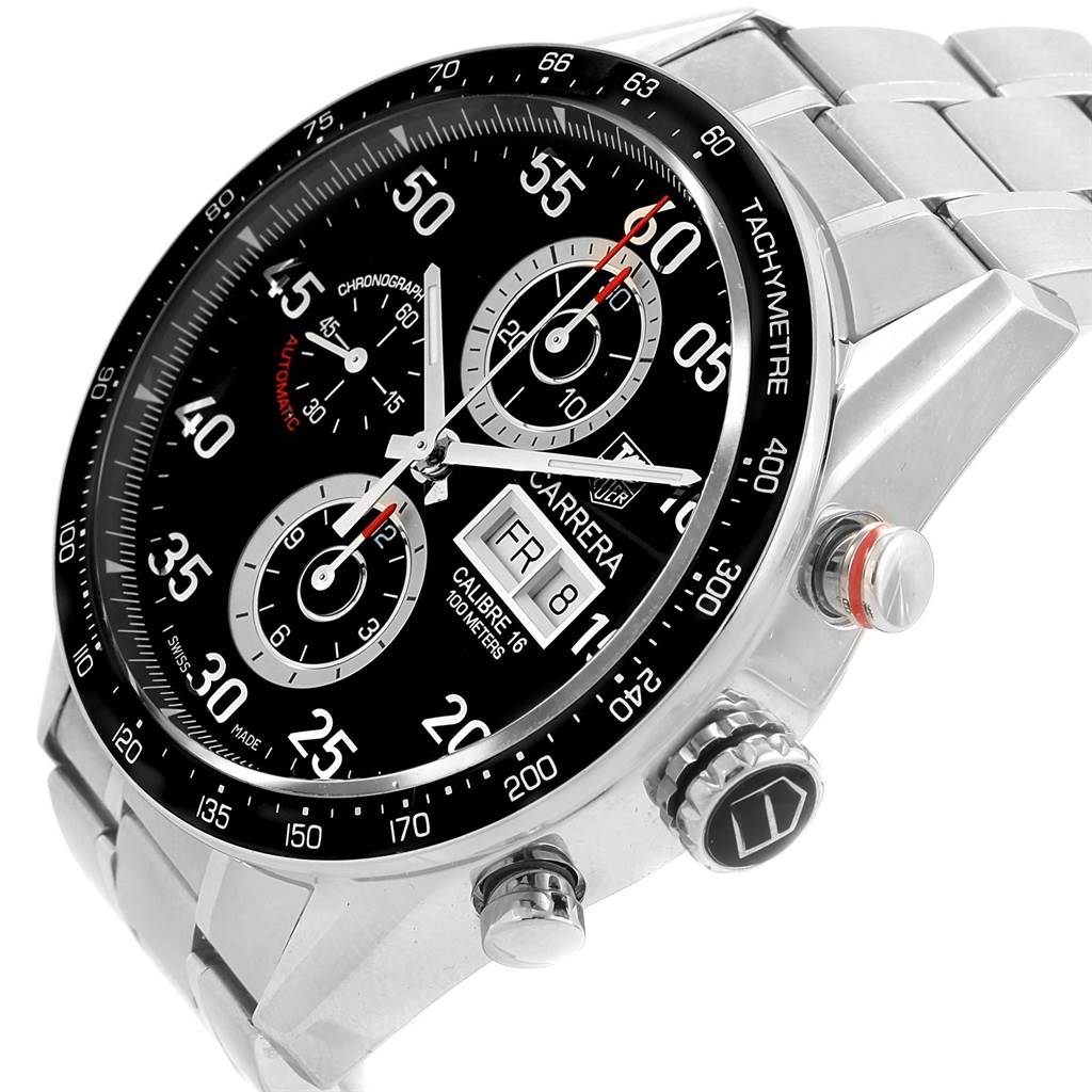 This is a close-up side angle of a Tag Heuer Carrera CV2A10.BA0796 Men's Stainless Steel Black Dial CV2A10.BA0796 Men's Stainless Steel Black Dial watch showing its bezel, dial, subdials, and metal bracelet.