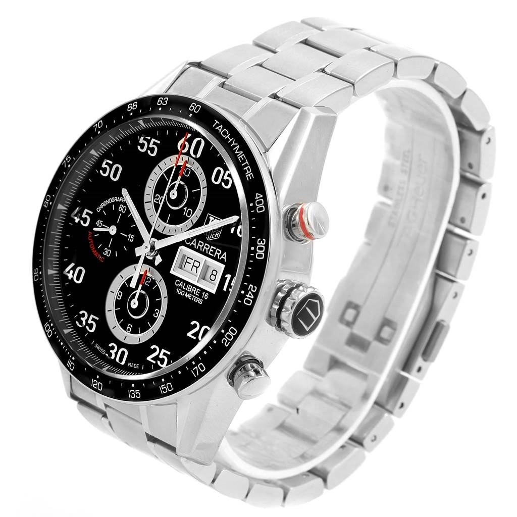 The image shows a Carrera model by Tag Heuer at a slight right angle, displaying its face, bezel, and metal bracelet.