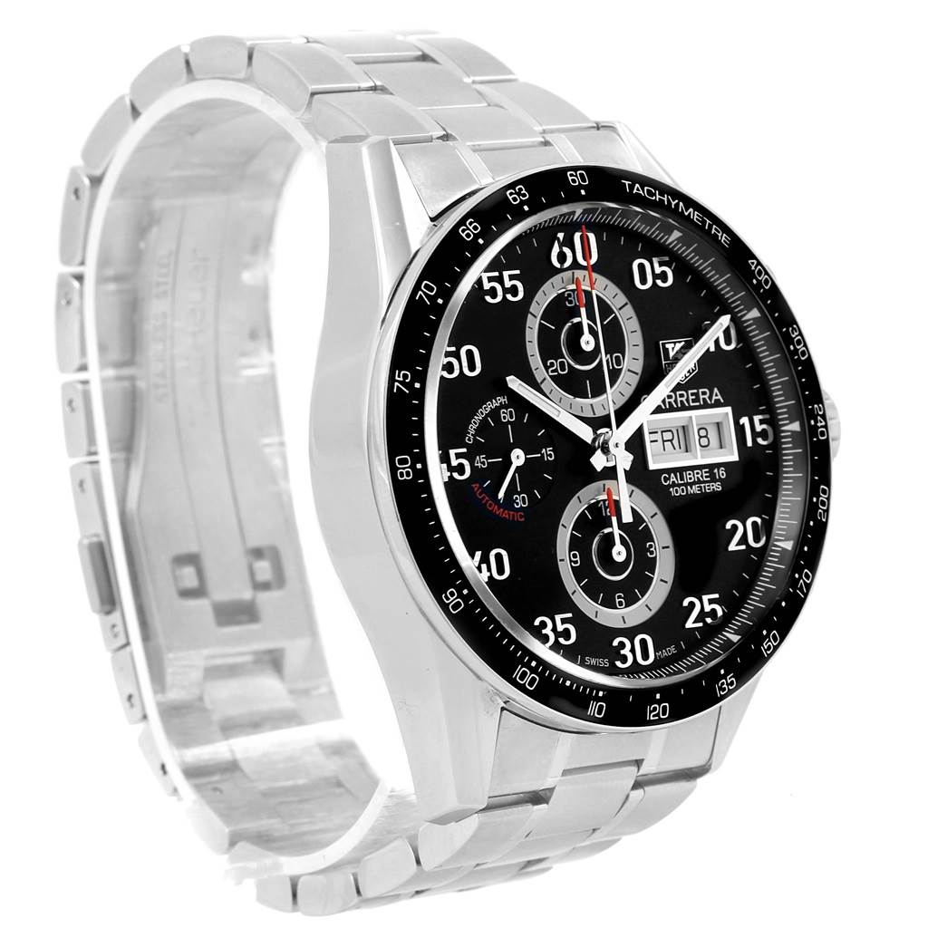This image shows a front angle of the Tag Heuer Carrera CV2A10.BA0796 Men's Stainless Steel Black Dial CV2A10.BA0796 Men's Stainless Steel Black Dial watch, displaying its dial, bezel, and part of the bracelet.