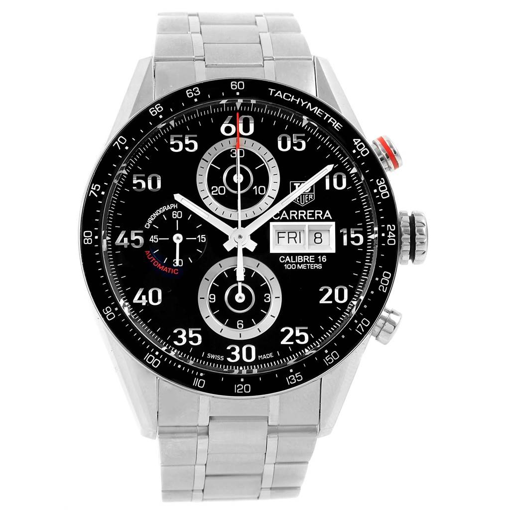 The image shows a frontal view of a Tag Heuer Carrera CV2A10.BA0796 Men's Stainless Steel Black Dial CV2A10.BA0796 Men's Stainless Steel Black Dial watch, displaying the dial, subdials, tachymeter bezel, and stainless steel bracelet.