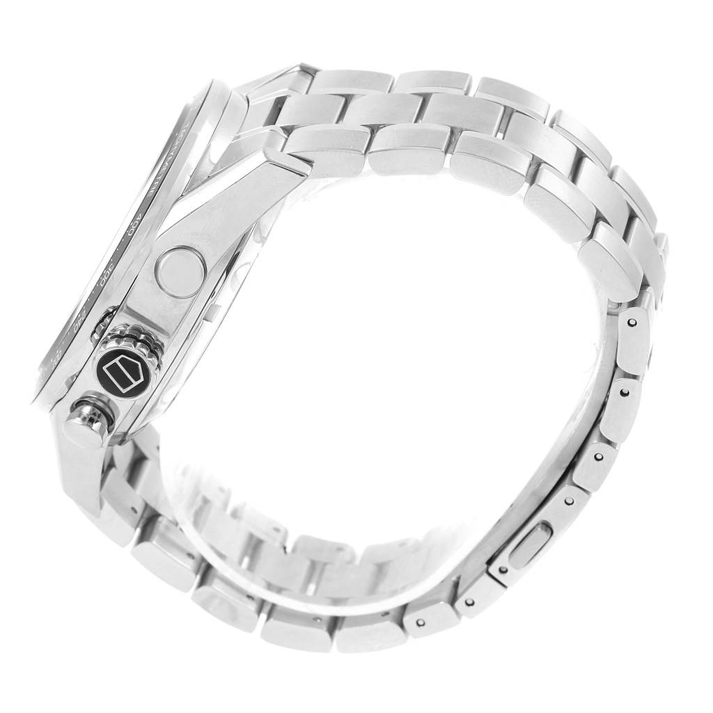 This image shows a side view of the Tag Heuer Carrera CV2A10.BA0796 Men's Stainless Steel Black Dial CV2A10.BA0796 Men's Stainless Steel Black Dial watch, focusing on its case, crown, and metal bracelet.