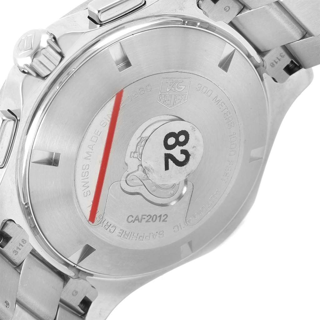 This image shows the back side of the Tag Heuer Aquaracer CAF2012.BA0815 Men
s Stainless Steel Blue Dial CAF2012.BA0815 Men
s Stainless Steel Blue Dial watch, highlighting its case back and bracelet attachment.