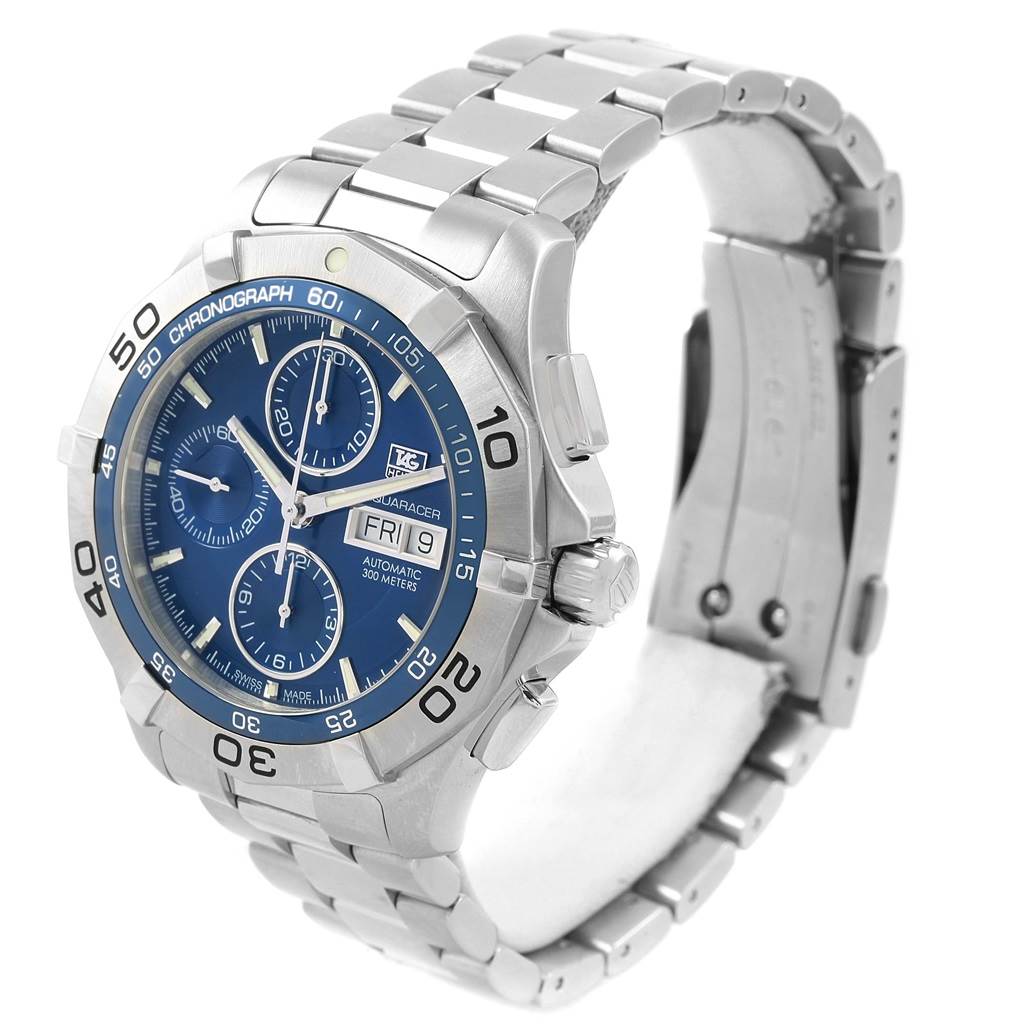 The image shows a Tag Heuer Aquaracer CAF2012.BA0815 Men
s Stainless Steel Blue Dial CAF2012.BA0815 Men
s Stainless Steel Blue Dial watch at an angled view highlighting the face, bracelet, and side buttons.