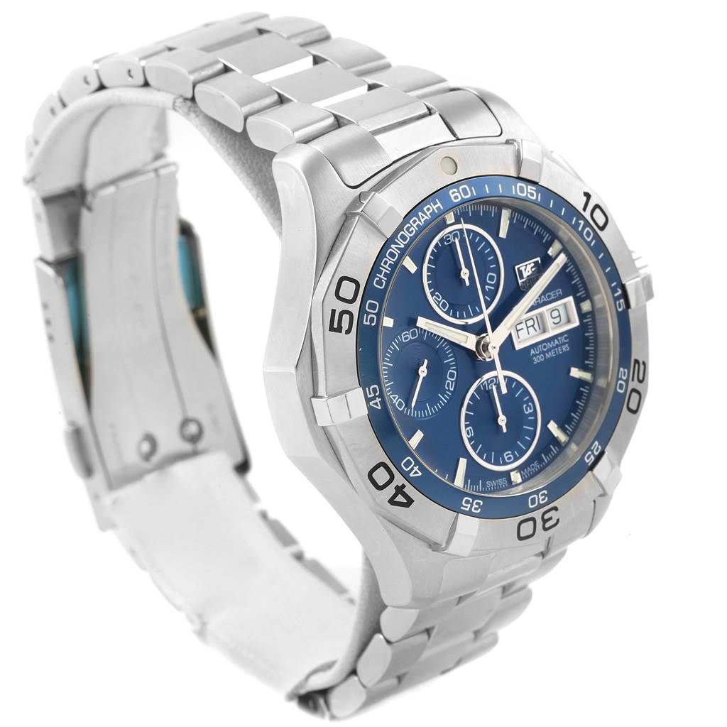 The image shows a side angle of the Tag Heuer Aquaracer CAF2012.BA0815 Men
s Stainless Steel Blue Dial CAF2012.BA0815 Men
s Stainless Steel Blue Dial watch, displaying the blue dial, bezel, and metal bracelet.