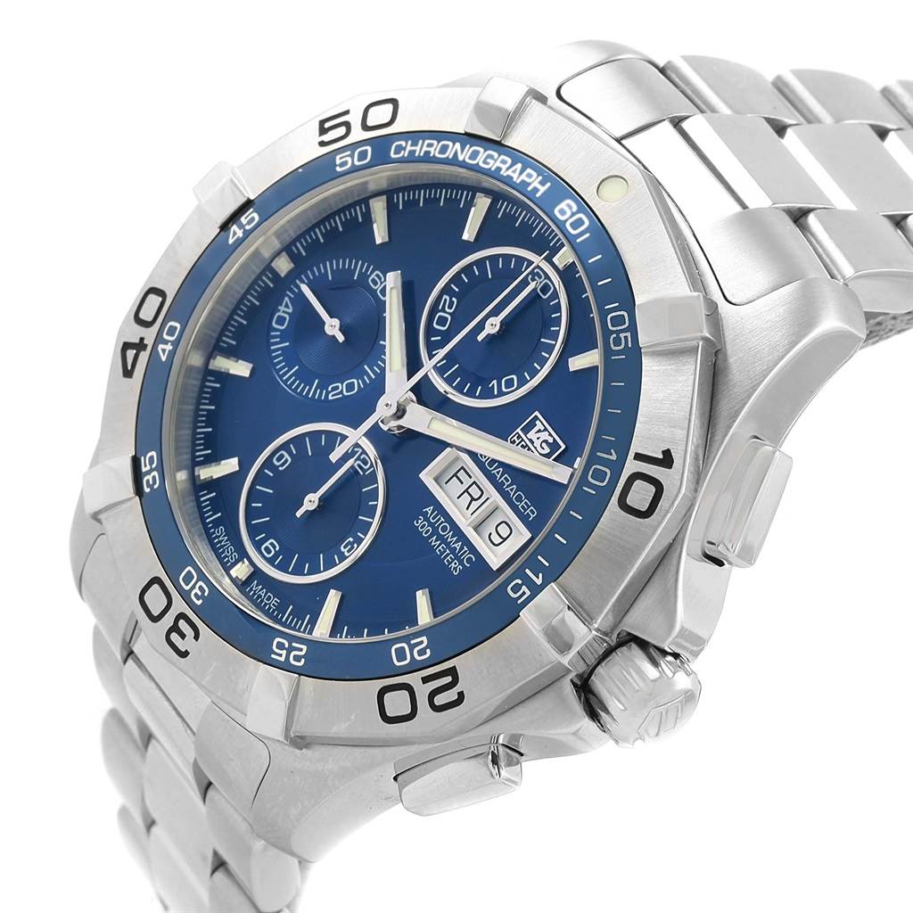 The image shows the front and partial side view of a Tag Heuer Aquaracer CAF2012.BA0815 Men
s Stainless Steel Blue Dial CAF2012.BA0815 Men
s Stainless Steel Blue Dial watch with a stainless steel bracelet and blue dial.