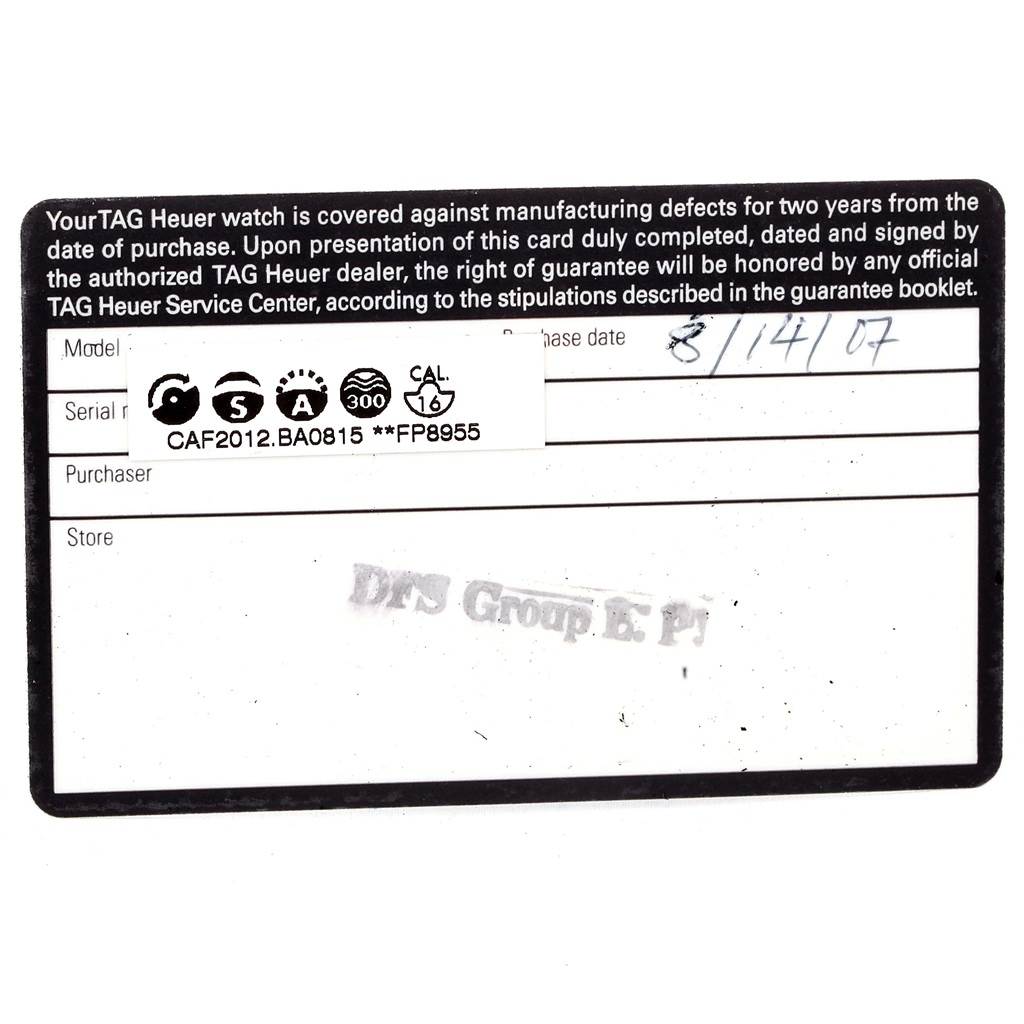 This image shows the warranty card for a Tag Heuer Aquaracer CAF2012.BA0815 Men
s Stainless Steel Blue Dial CAF2012.BA0815 Men
s Stainless Steel Blue Dial watch, including the model number CAF2012.BA0815.