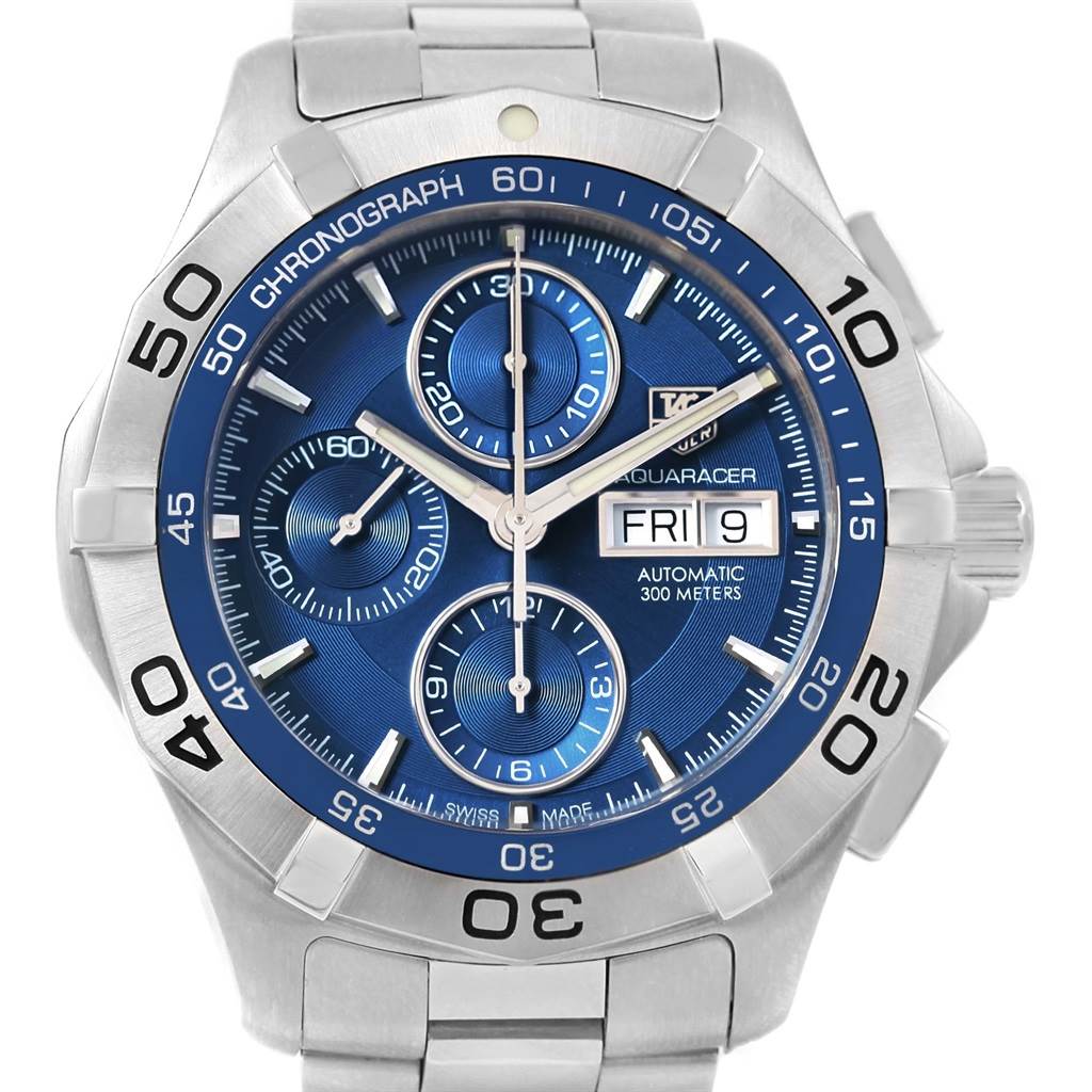 This image shows the front view of a Tag Heuer Aquaracer CAF2012.BA0815 Men
s Stainless Steel Blue Dial CAF2012.BA0815 Men
s Stainless Steel Blue Dial watch, highlighting the dial, bezel, and bracelet.
