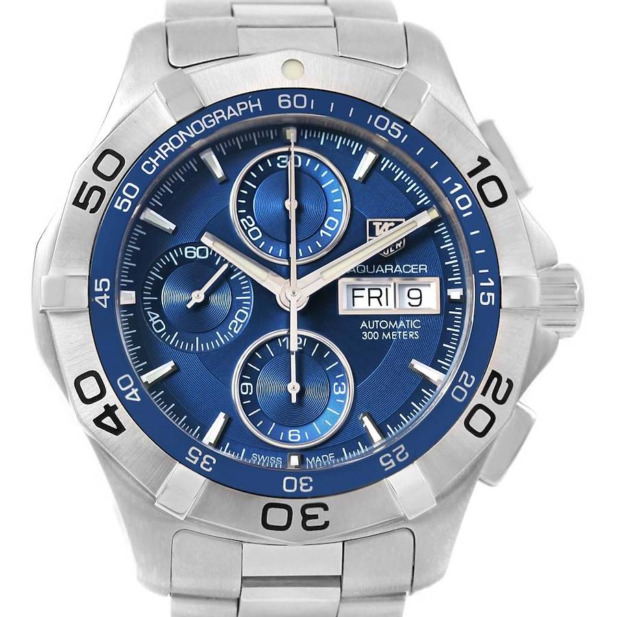 This image shows the front view of a Tag Heuer Aquaracer watch, highlighting the dial, bezel, and bracelet.