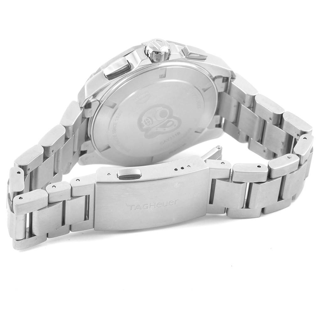 This image depicts the back view of the Tag Heuer Aquaracer CAY111B.BA0927 Men's Stainless Steel Blue Dial CAY111B.BA0927 Men's Stainless Steel Blue Dial watch, showcasing its case back and bracelet clasp.