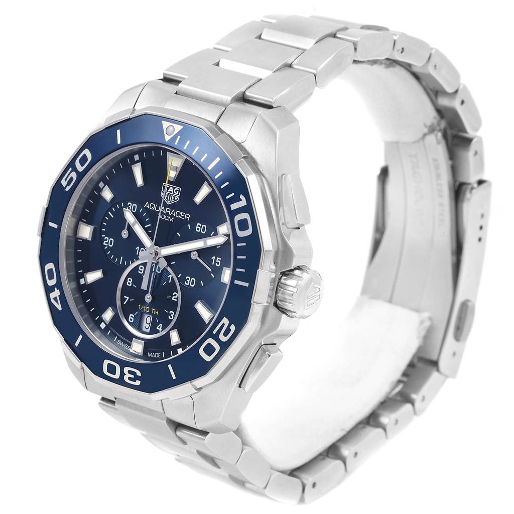 The Tag Heuer Aquaracer CAY111B.BA0927 Men's Stainless Steel Blue Dial CAY111B.BA0927 Men's Stainless Steel Blue Dial watch is shown from an oblique angle, displaying its face, bezel, and bracelet.