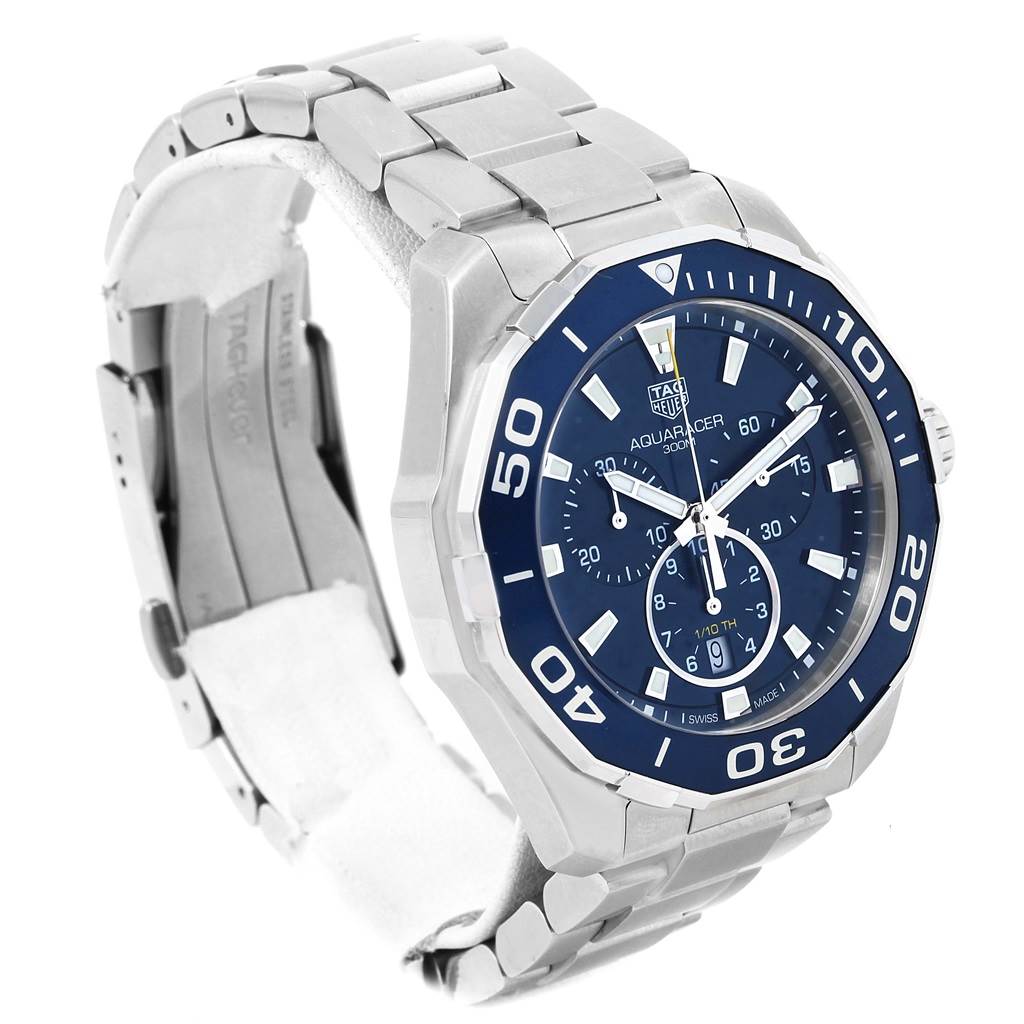 The image shows a Tag Heuer Aquaracer CAY111B.BA0927 Men's Stainless Steel Blue Dial CAY111B.BA0927 Men's Stainless Steel Blue Dial watch at a slight angle, displaying its face, bezel, and metal bracelet.