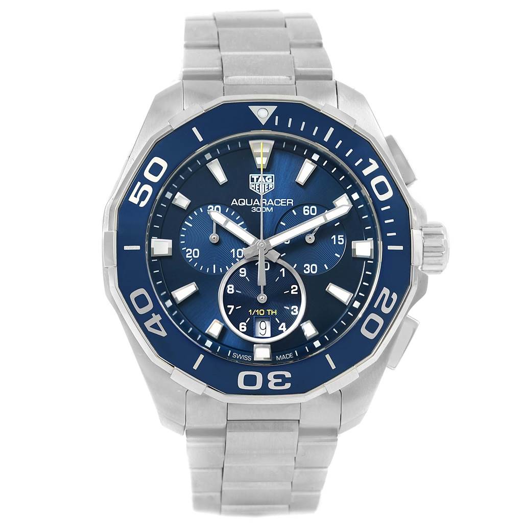 This image shows a Tag Heuer Aquaracer CAY111B.BA0927 Men's Stainless Steel Blue Dial CAY111B.BA0927 Men's Stainless Steel Blue Dial watch from a front angle, detailing its blue face, bezel, and stainless steel band.