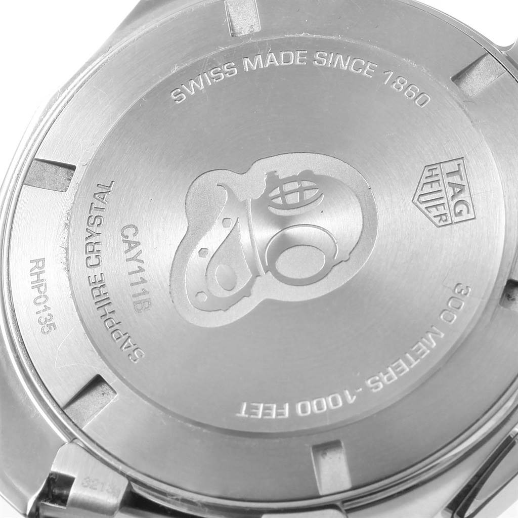 The image shows the back case of a Tag Heuer Aquaracer CAY111B.BA0927 Men's Stainless Steel Blue Dial CAY111B.BA0927 Men's Stainless Steel Blue Dial watch, highlighting the brand's engraving and model details.