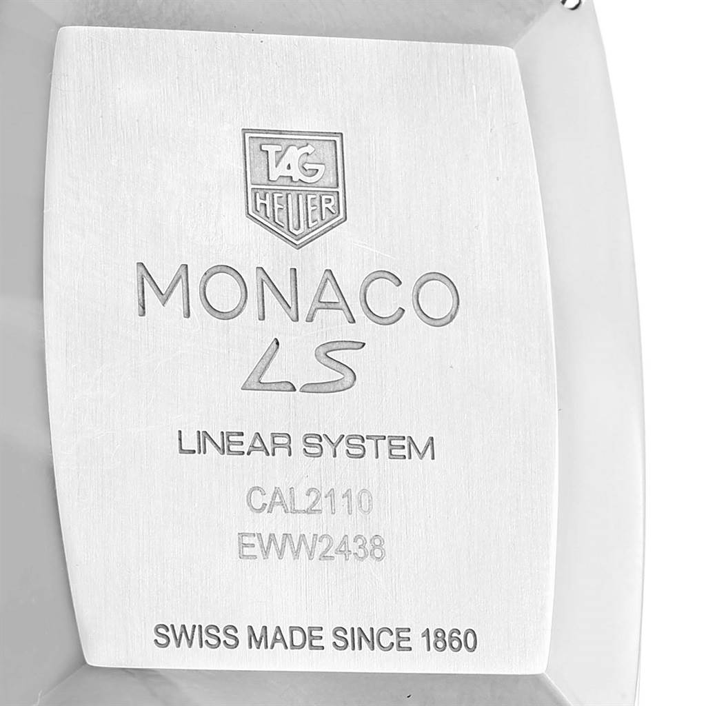 The image shows the back of a Tag Heuer Monaco CAL2110.FC6257 Men's Stainless Steel Black Dial CAL2110.FC6257 Men's Stainless Steel Black Dial LS watch with model and manufacturing details engraved.