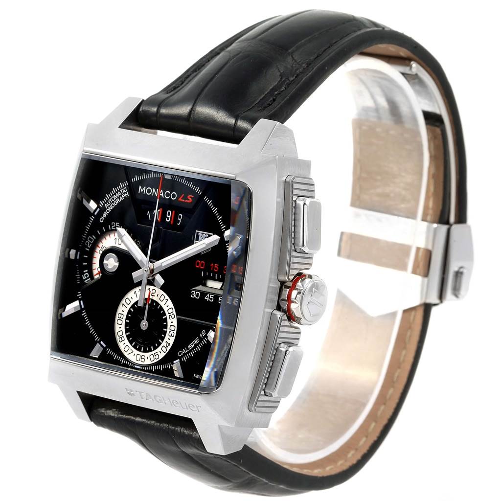 This image shows a front and side view of the Tag Heuer Monaco CAL2110.FC6257 Men's Stainless Steel Black Dial CAL2110.FC6257 Men's Stainless Steel Black Dial watch, featuring its black leather strap and square dial.