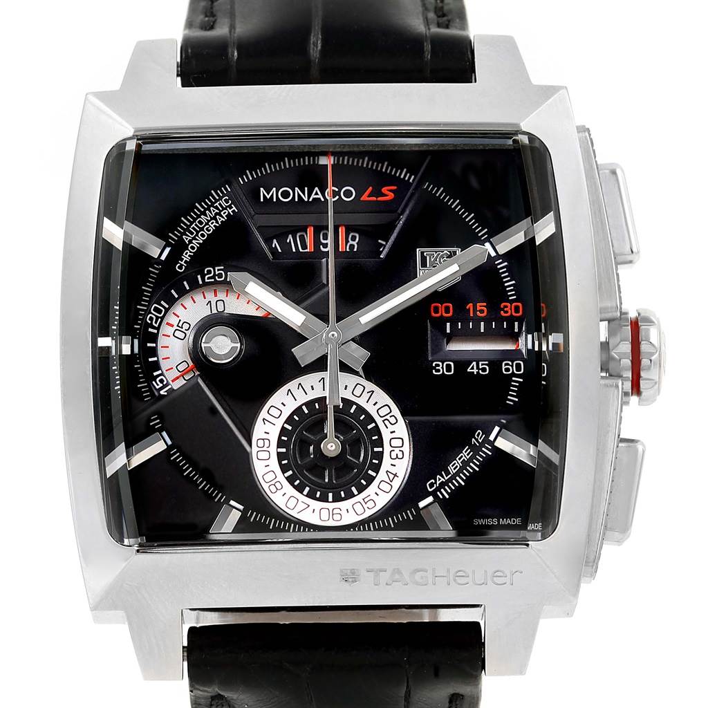 The image shows a frontal view of a Tag Heuer Monaco CAL2110.FC6257 Men's Stainless Steel Black Dial CAL2110.FC6257 Men's Stainless Steel Black Dial watch, displaying its dial, hands, and crown.