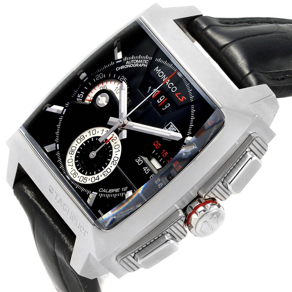 The image shows a close-up angled view of the dial, crown, and pushers of the Tag Heuer Monaco CAL2110.FC6257 Men's Stainless Steel Black Dial CAL2110.FC6257 Men's Stainless Steel Black Dial watch.