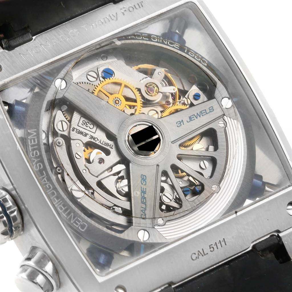 This is a close-up view of the movement and intricate mechanisms on the back of a Tag Heuer Monaco CAL5111.FC6299 Men's Stainless Steel Blue Dial CAL5111.FC6299 Men's Stainless Steel Blue Dial watch.