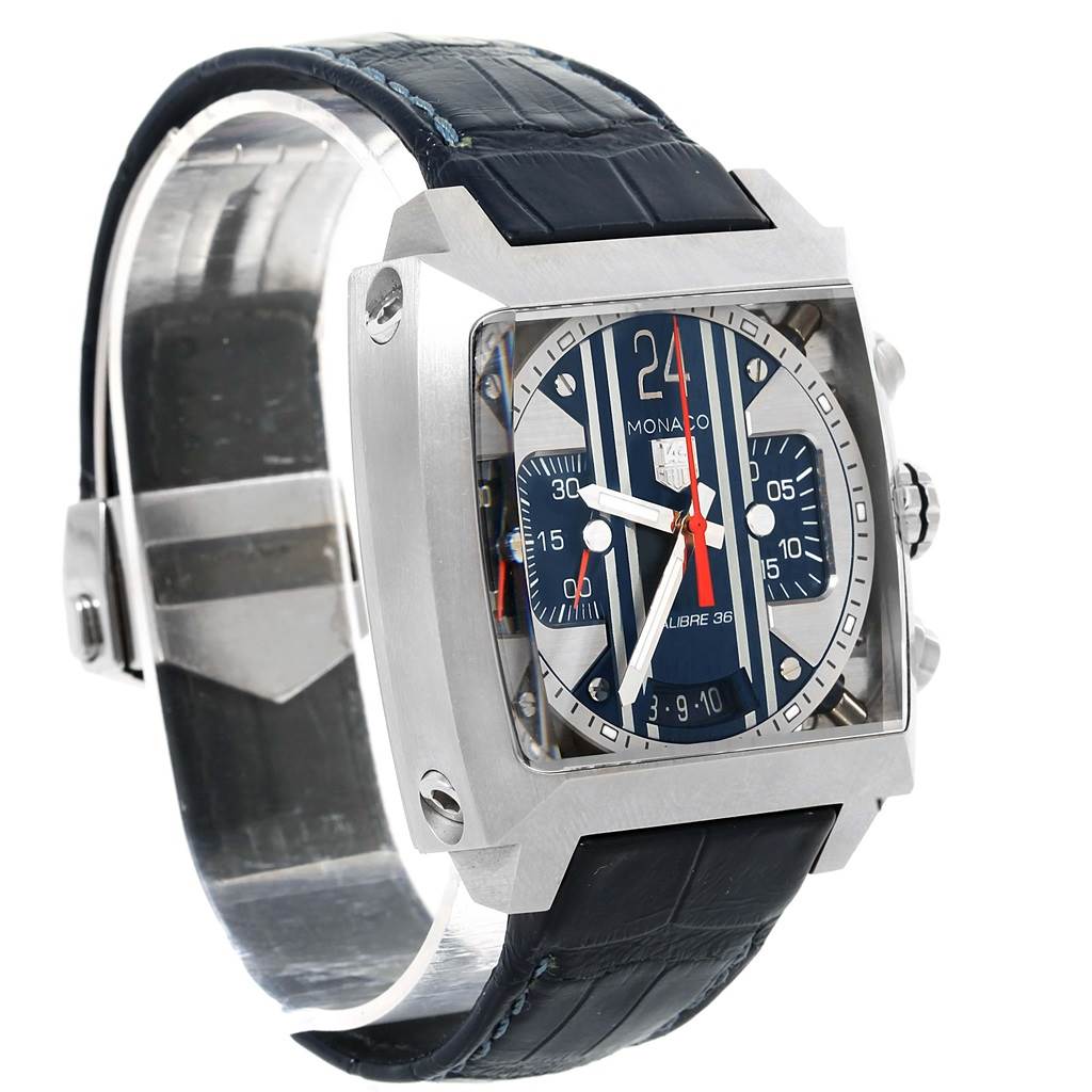 The image shows a Tag Heuer Monaco CAL5111.FC6299 Men's Stainless Steel Blue Dial CAL5111.FC6299 Men's Stainless Steel Blue Dial watch at a three-quarter angle, highlighting its dial, case, and strap.