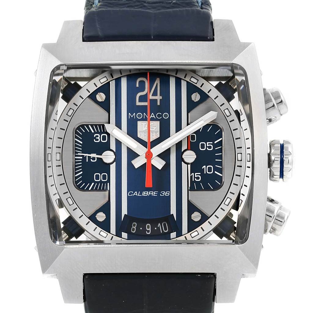 The image shows a frontal view of a Tag Heuer Monaco CAL5111.FC6299 Men's Stainless Steel Blue Dial CAL5111.FC6299 Men's Stainless Steel Blue Dial watch, featuring the dial, hands, subdials, case, and crown.