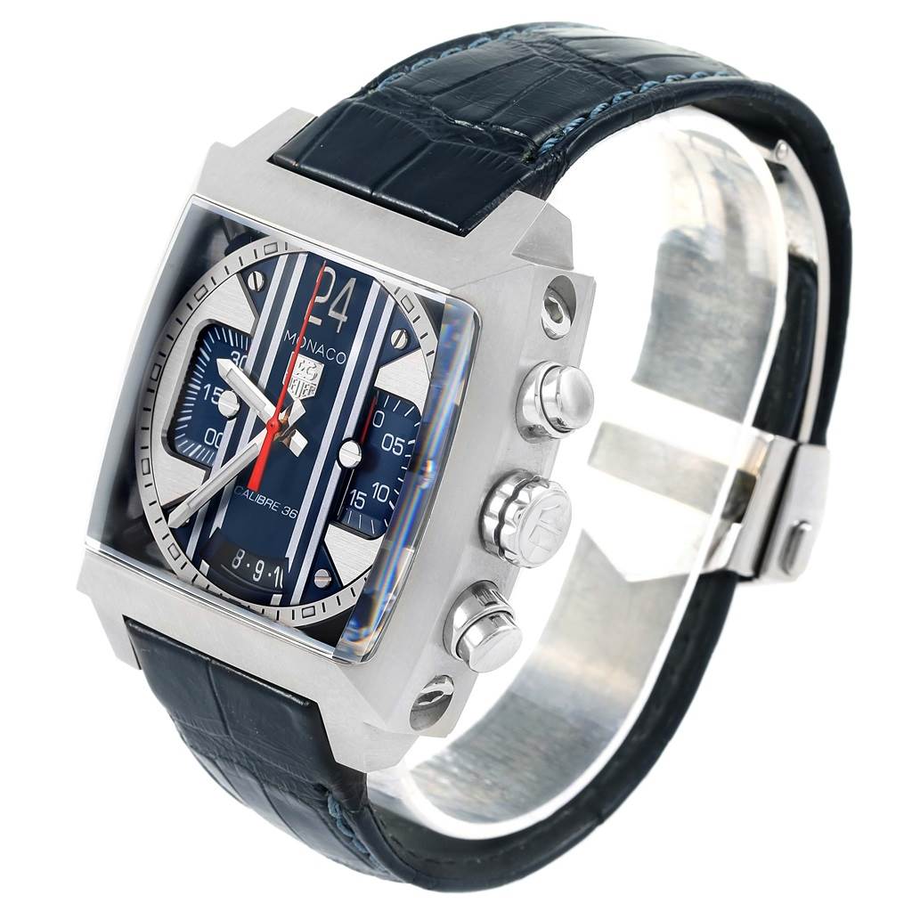 The image shows a Tag Heuer Monaco CAL5111.FC6299 Men's Stainless Steel Blue Dial CAL5111.FC6299 Men's Stainless Steel Blue Dial watch at a slight angle, displaying its face, side buttons, and strap.