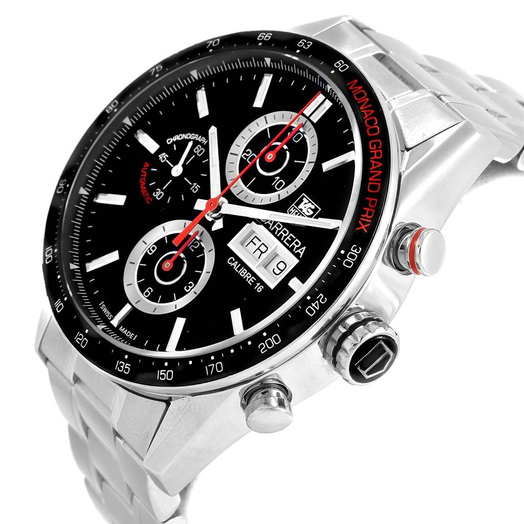 This image shows a Tag Heuer Monaco CV2A1F.BA0796 Men's Stainless Steel Black Dial CV2A1F.BA0796 Men's Stainless Steel Black Dial watch angled from the front-left, illustrating the dial, bezel, and part of the bracelet.