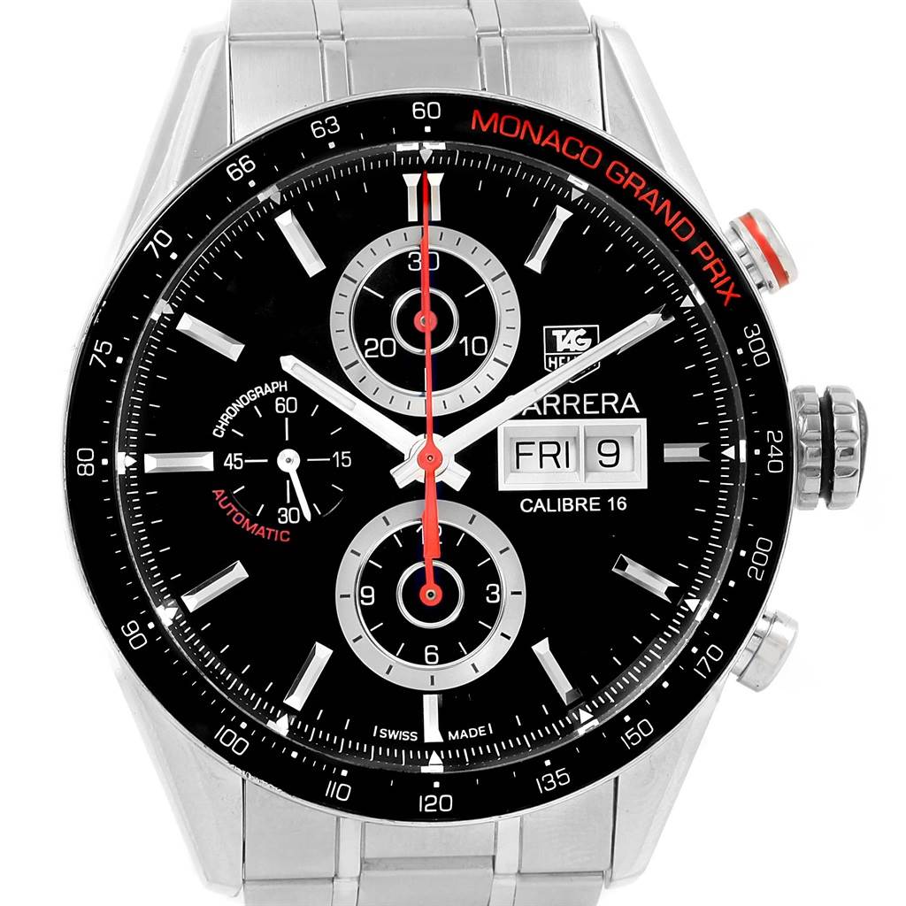 The Tag Heuer Monaco CV2A1F.BA0796 Men's Stainless Steel Black Dial CV2A1F.BA0796 Men's Stainless Steel Black Dial watch is shown from the front, displaying its black dial, chronograph subdials, and metal bracelet.