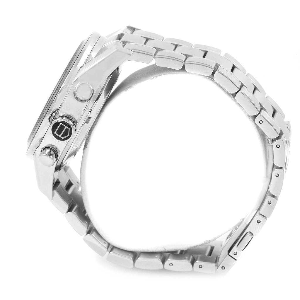 The image shows the side view of the Tag Heuer Monaco CV2A1F.BA0796 Men's Stainless Steel Black Dial CV2A1F.BA0796 Men's Stainless Steel Black Dial watch, highlighting the case and metal bracelet.