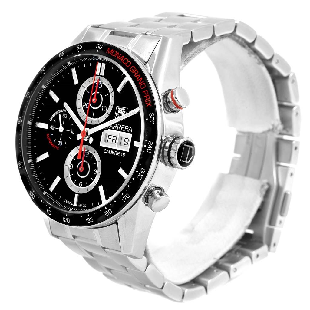 This is a Tag Heuer Monaco CV2A1F.BA0796 Men's Stainless Steel Black Dial CV2A1F.BA0796 Men's Stainless Steel Black Dial model watch shown at an angled front view, displaying the face, buttons, and part of the bracelet.