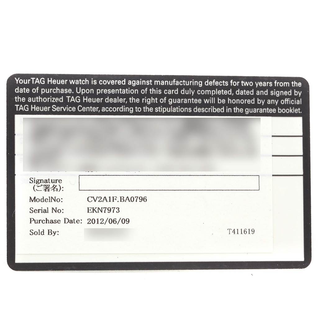 This image shows the warranty card for a Monaco model watch by TAG Heuer, with details including model number, serial number, and purchase date.
