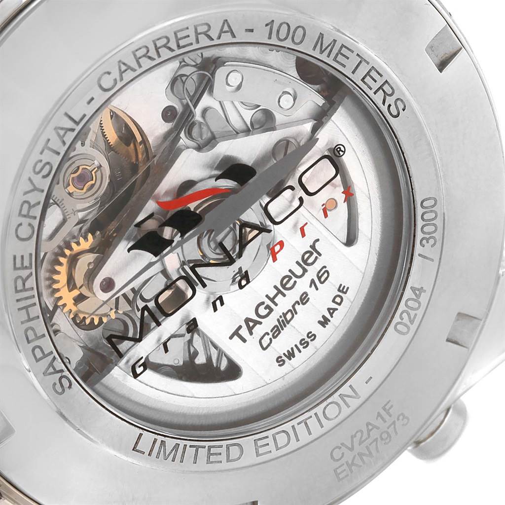 This is a close-up view of the back case of a Tag Heuer Monaco CV2A1F.BA0796 Men's Stainless Steel Black Dial CV2A1F.BA0796 Men's Stainless Steel Black Dial watch, showcasing its mechanical movement and limited edition engraving.