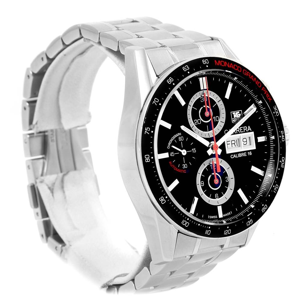 The watch shown is a Tag Heuer Monaco CV2A1F.BA0796 Men's Stainless Steel Black Dial CV2A1F.BA0796 Men's Stainless Steel Black Dial model viewed from a three-quarter angle, displaying the dial and bracelet.