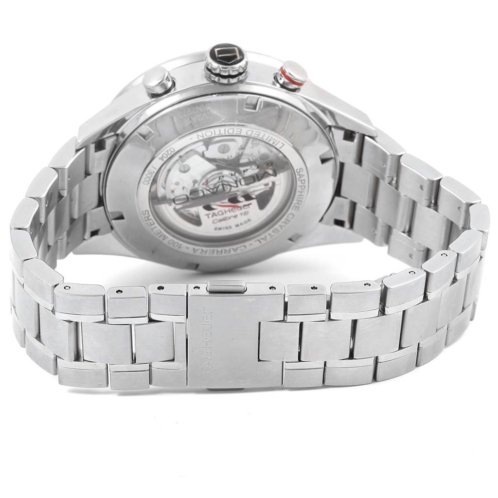 The image shows the back and side view of the Tag Heuer Monaco CV2A1F.BA0796 Men's Stainless Steel Black Dial CV2A1F.BA0796 Men's Stainless Steel Black Dial watch, highlighting the bracelet and the exhibition case back.