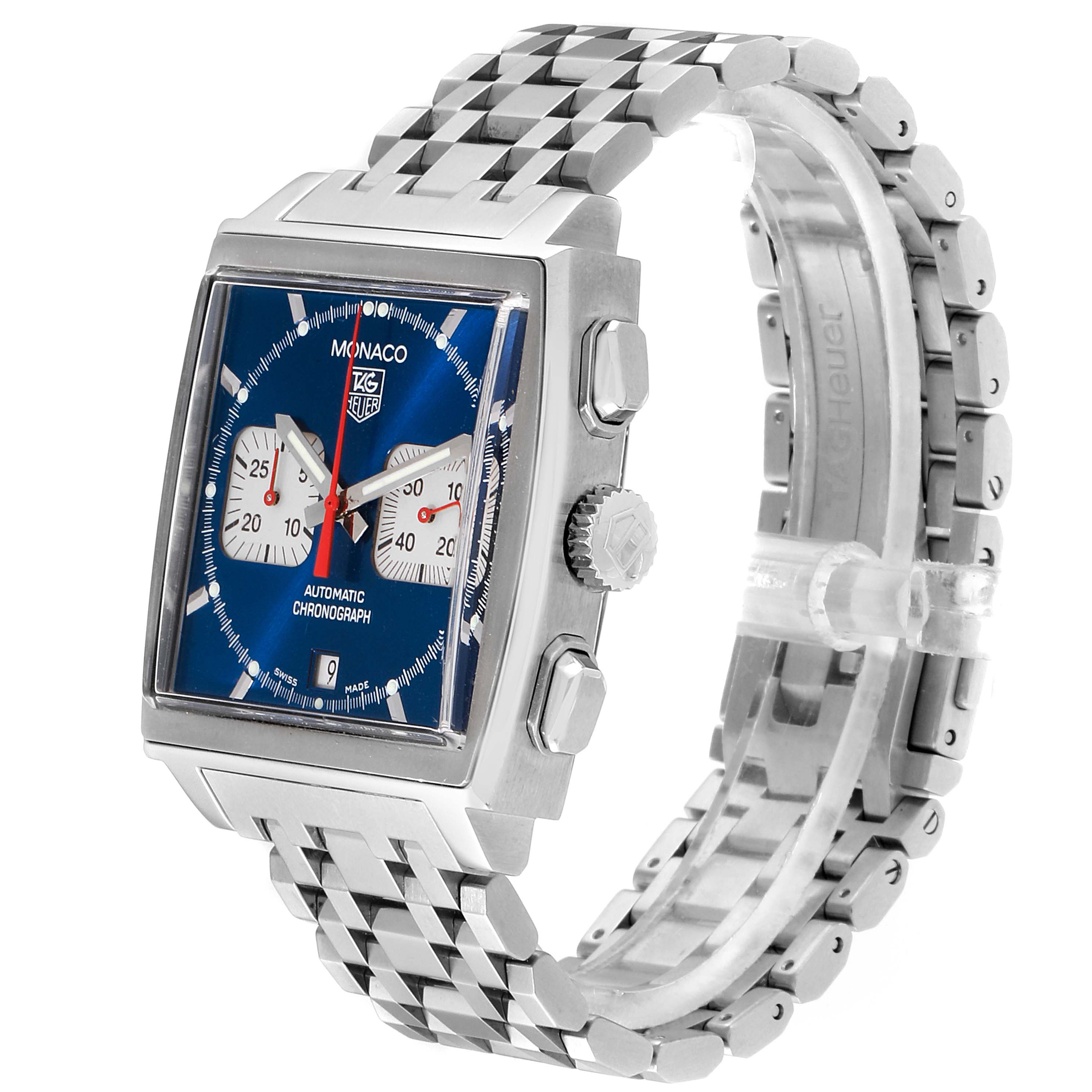This Tag Heuer Monaco CW2113 Men's Stainless Steel Blue Dial CW2113 Men's Stainless Steel Blue Dial watch is shown from a three-quarter angle, displaying the dial, crown, pushers, and metal bracelet.