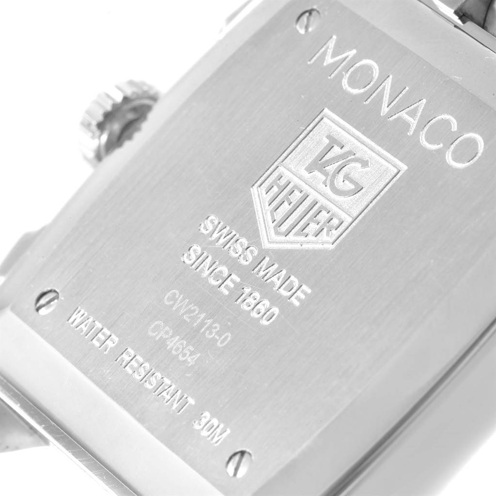 This image shows the back case of a Tag Heuer Monaco CW2113 Men's Stainless Steel Blue Dial CW2113 Men's Stainless Steel Blue Dial watch, highlighting the engraved model details.