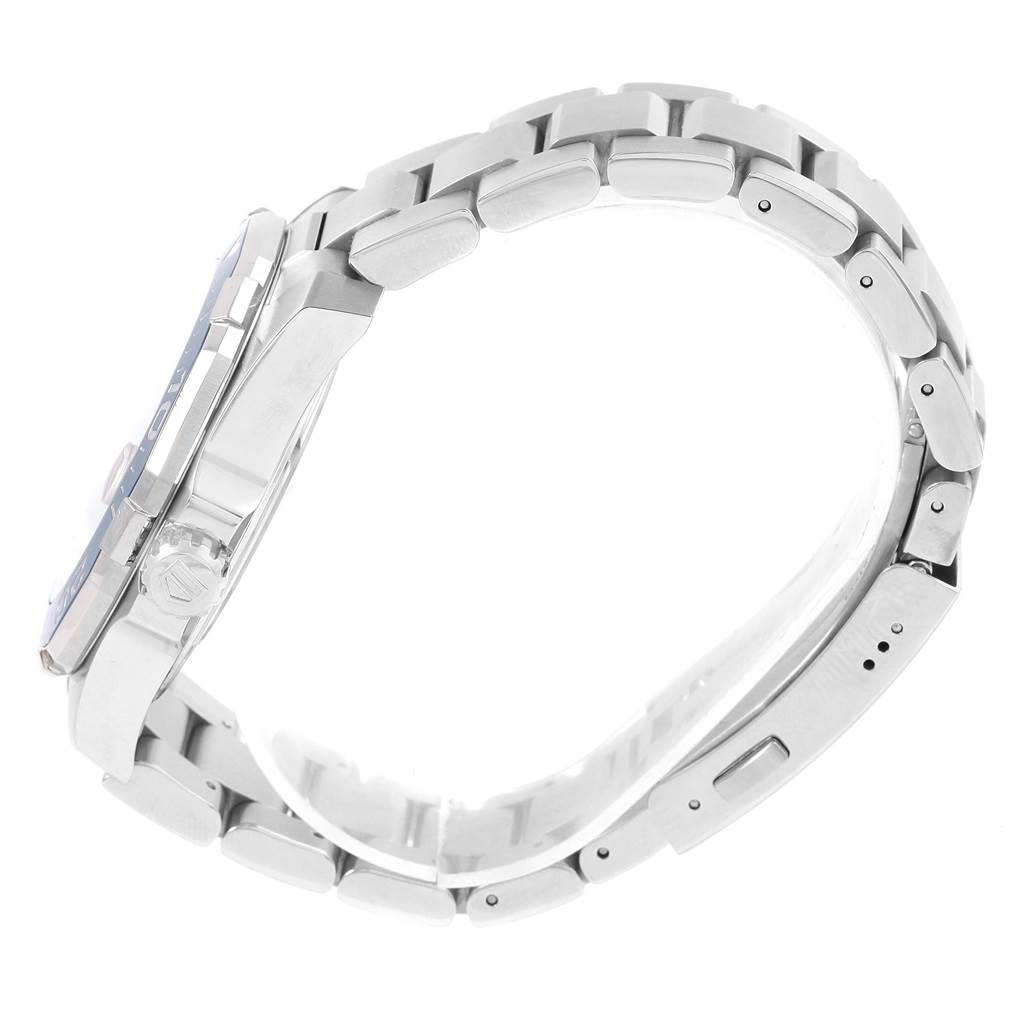 The image shows a side view of the Tag Heuer Aquaracer WAY201B Men's Stainless Steel Blue Dial WAY201B Men's Stainless Steel Blue Dial watch, highlighting its stainless steel case, crown, and bracelet.