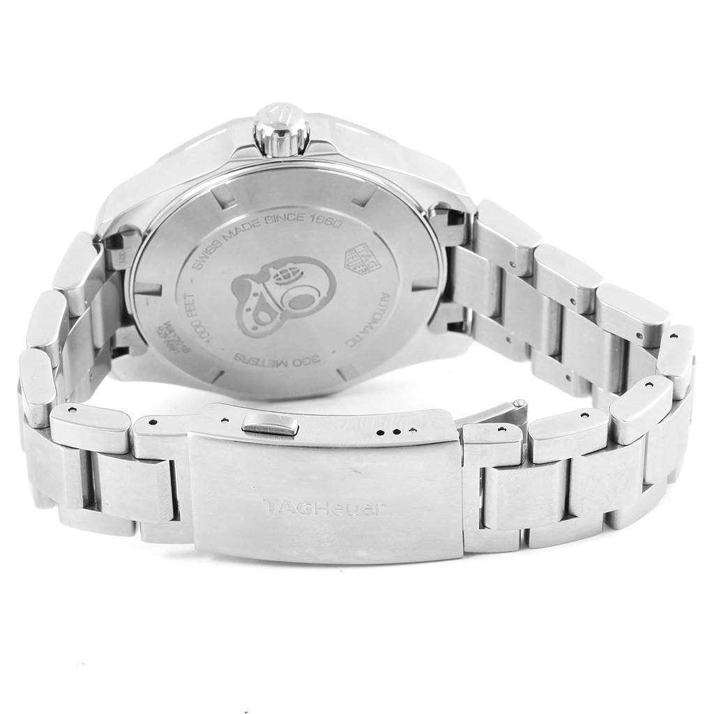 This image shows the back and clasp of the Tag Heuer Aquaracer WAY201B Men's Stainless Steel Blue Dial WAY201B Men's Stainless Steel Blue Dial watch, highlighting the metal bracelet and case back.