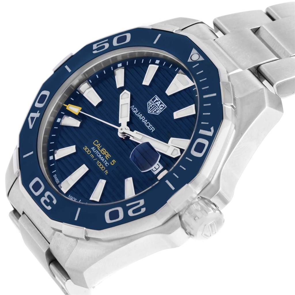 The image shows a close-up, angled view of the Tag Heuer Aquaracer WAY201B Men's Stainless Steel Blue Dial WAY201B Men's Stainless Steel Blue Dial watch, highlighting the face, bezel, and part of the bracelet.