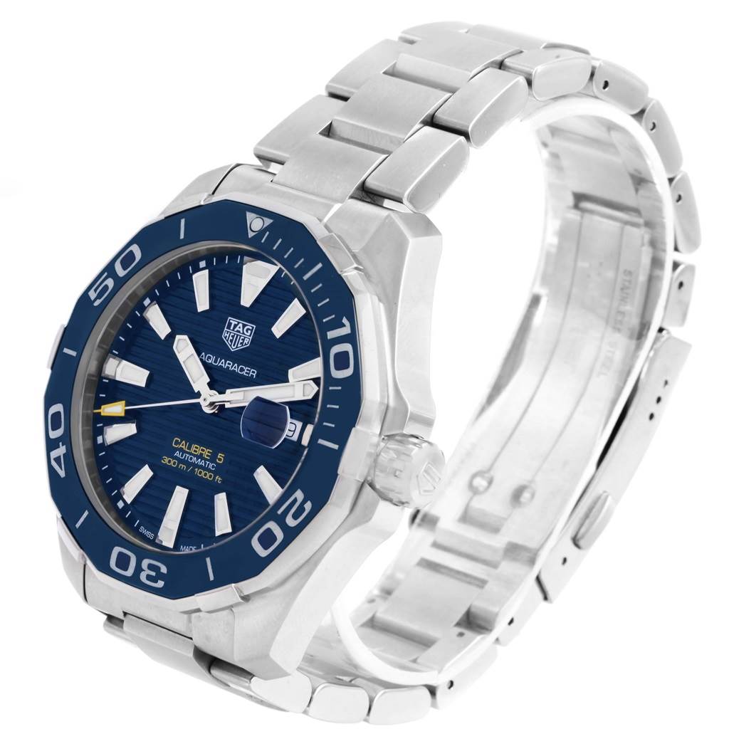 This image shows a Tag Heuer Aquaracer WAY201B Men's Stainless Steel Blue Dial WAY201B Men's Stainless Steel Blue Dial watch from a front-side angle, highlighting its dial, bezel, crown, and bracelet.