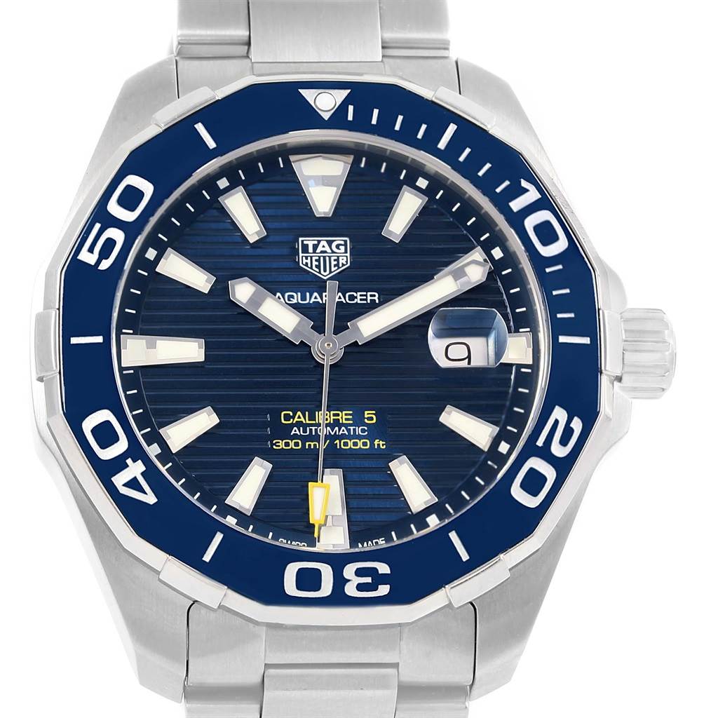 The image shows a frontal view of the Tag Heuer Aquaracer WAY201B Men's Stainless Steel Blue Dial WAY201B Men's Stainless Steel Blue Dial watch, highlighting its blue bezel and dial with a stainless steel strap.