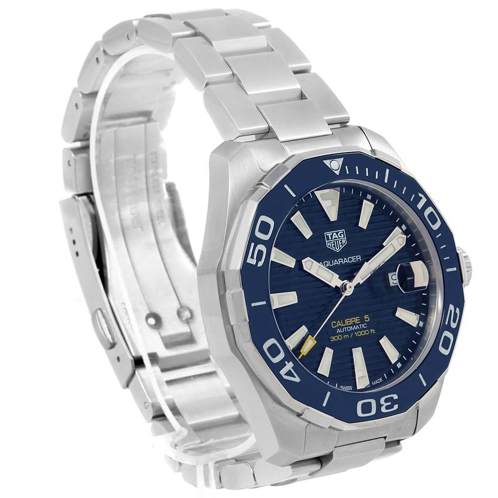 The image shows a Tag Heuer Aquaracer WAY201B Men's Stainless Steel Blue Dial WAY201B Men's Stainless Steel Blue Dial watch at a three-quarter angle, highlighting the face, bezel, and stainless steel bracelet.