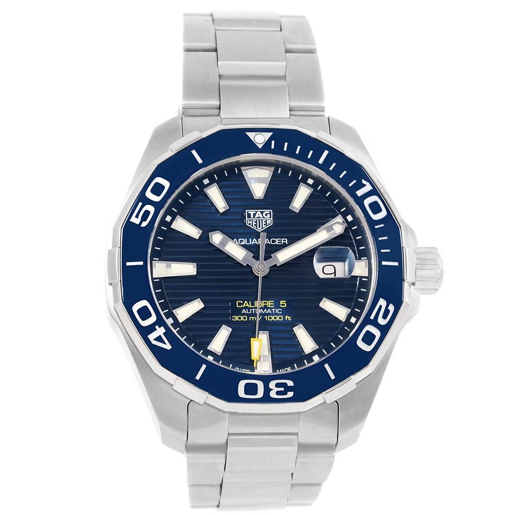 The Tag Heuer Aquaracer WAY201B Men's Stainless Steel Blue Dial WAY201B Men's Stainless Steel Blue Dial watch model is shown from a front angle, displaying its face, bezel, bracelet, and crown.