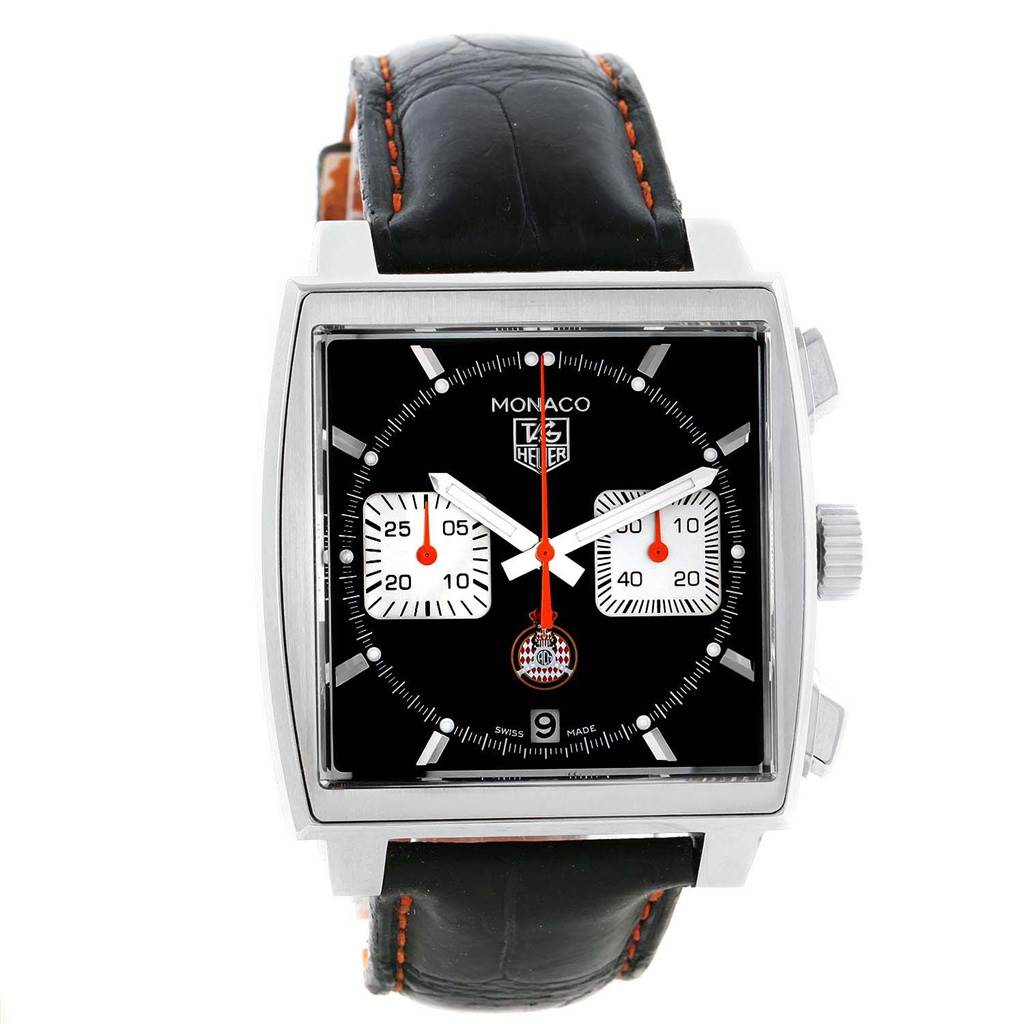 This image shows a front view of a Tag Heuer Monaco Limited Edition with a black dial, square case, and leather strap with orange stitching.