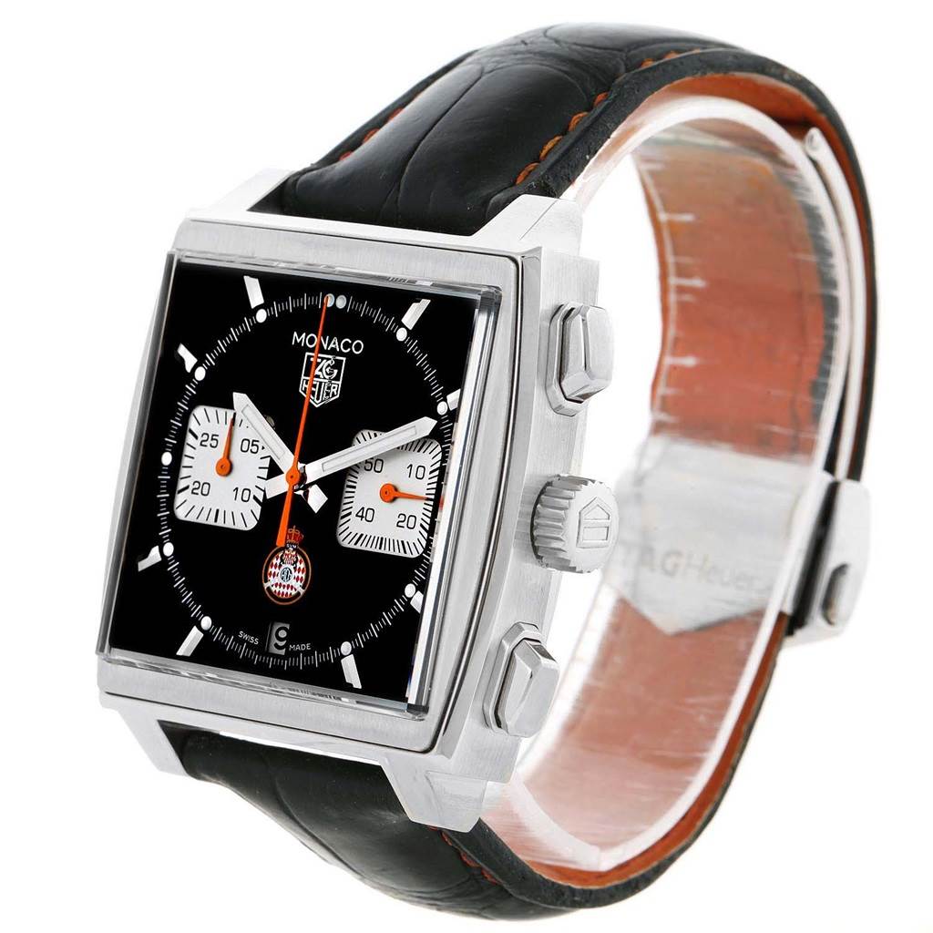 This is a side-angle view of the Tag Heuer Monaco Limited Edition watch, showing the face, crown, lugs, and strap.