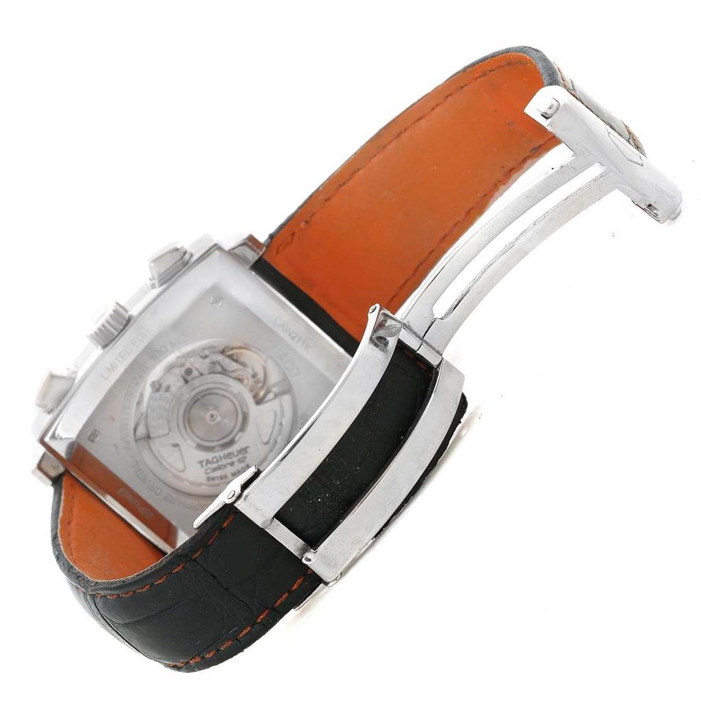 The image shows the back view of a Tag Heuer Limited Edition CAW211K.FC6311 Men's Stainless Steel Black Dial CAW211K.FC6311 Men's Stainless Steel Black Dial watch, highlighting the movement mechanism and leather strap.