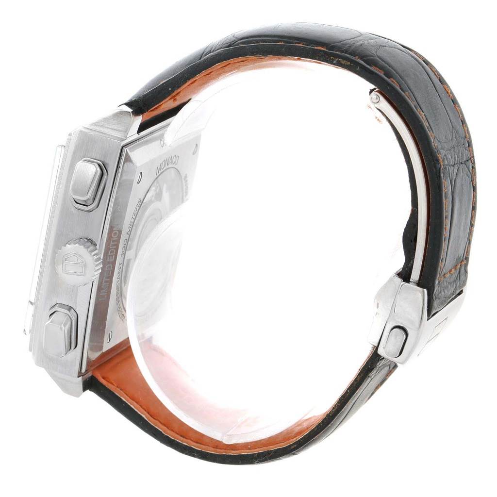 This image shows the side and back view of the Tag Heuer Limited Edition CAW211K.FC6311 Men's Stainless Steel Black Dial CAW211K.FC6311 Men's Stainless Steel Black Dial Monaco watch, highlighting the strap and caseback.