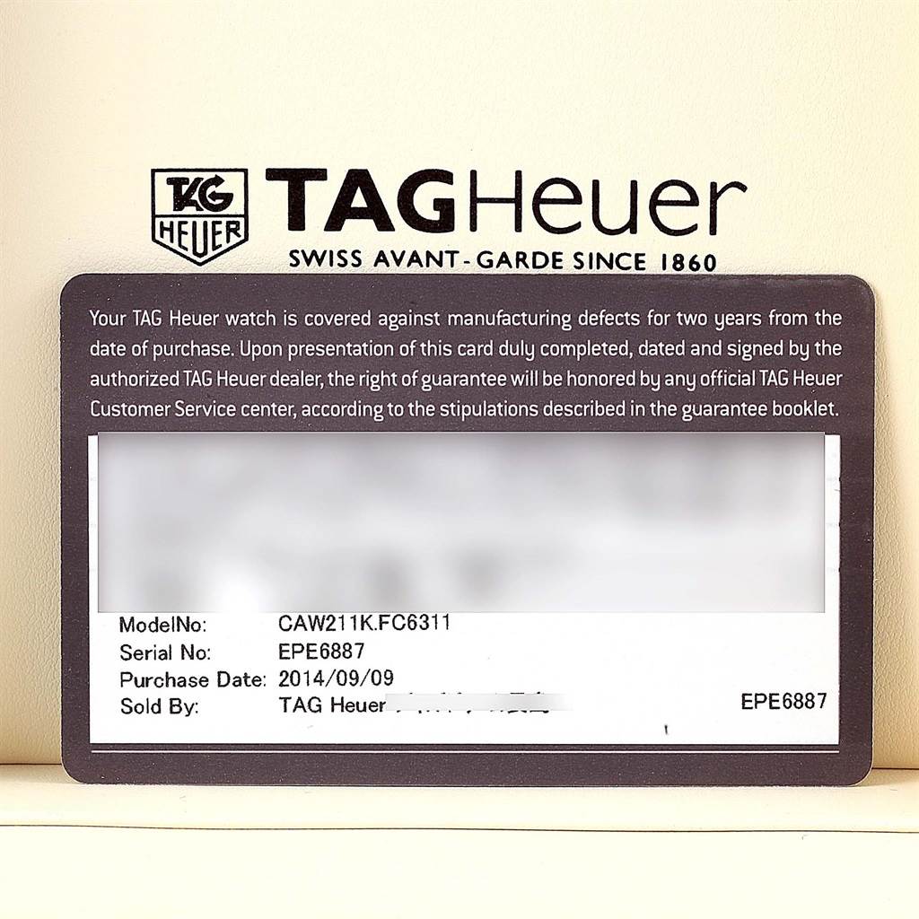 This image shows the warranty card for the Tag Heuer Limited Edition CAW211K.FC6311 Men's Stainless Steel Black Dial CAW211K.FC6311 Men's Stainless Steel Black Dial model CAW211K.FC6311.
