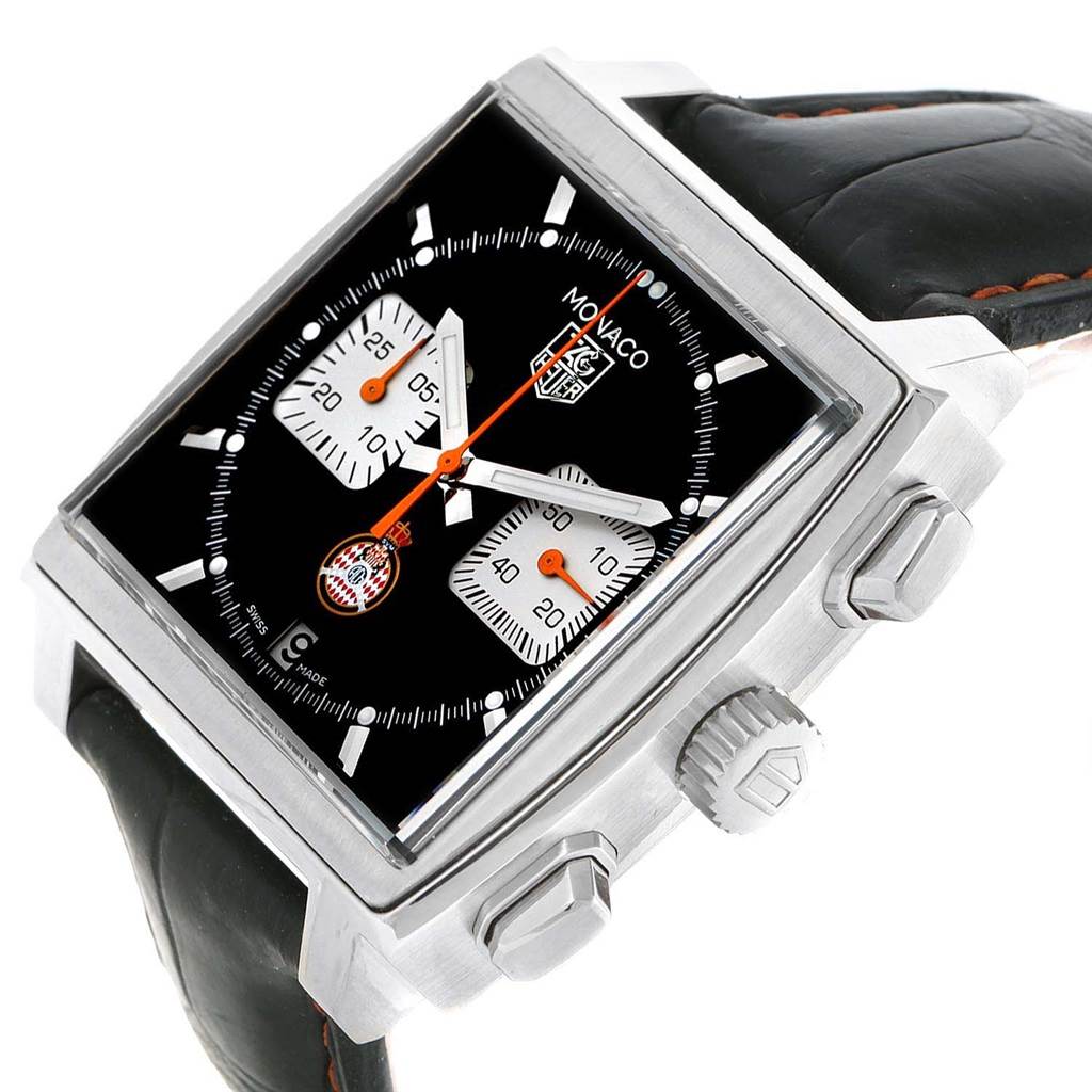 The image shows a close-up angle of the TAG Heuer Monaco Limited Edition watch, highlighting its square case, crown, pushers, and dial.