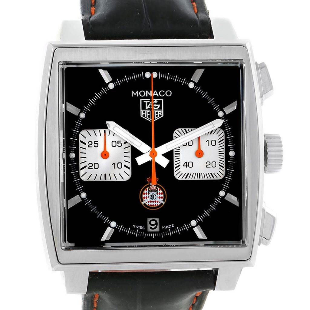 This is a front view of the Tag Heuer Monaco Limited Edition watch, showing the dial, hands, subdials, date, and leather strap.