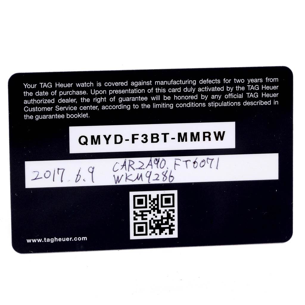 This image shows the warranty card for the Tag Heuer Carrera CAR2A90.FT6071 Men
s Stainless Steel Black Dial CAR2A90.FT6071 Men
s Stainless Steel Black Dial model watch, displaying the serial number, purchase date, and other details.